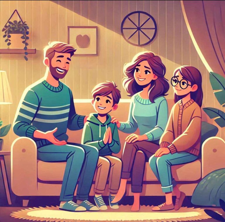 Family having a heartfelt discussion in a cozy living room.