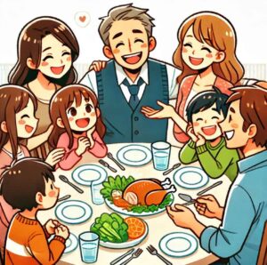 Happy family enjoying quality time together at the dinner table, symbolizing strong relationships.