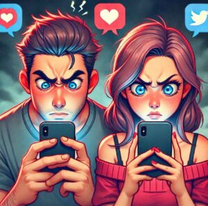 Couple experiencing jealousy over social media interactions.