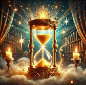 A glowing hourglass surrounded by mist and stars, representing the mastery of time management.