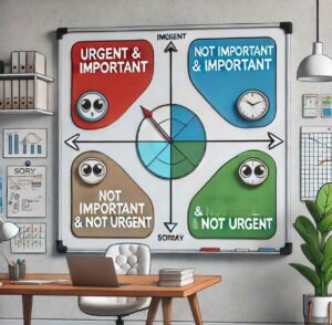 A quadrant chart on a whiteboard illustrating the Eisenhower Matrix for task prioritization.