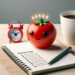 A tomato-shaped kitchen timer on a desk, symbolizing the Pomodoro Technique for productivity.