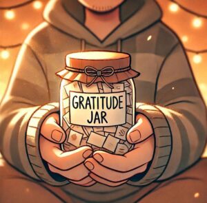 A person holding a gratitude jar filled with handwritten notes, symbolizing the practice of appreciation.