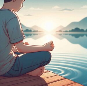 Close-up of a person meditating by a calm lake, emphasizing mindfulness and present-moment awareness.