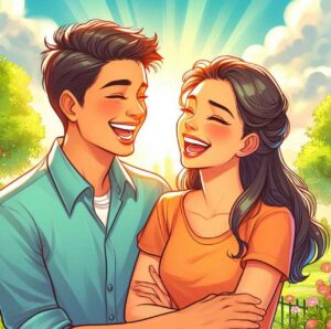 Couple laughing together in a sunny park, showcasing romantic attraction.