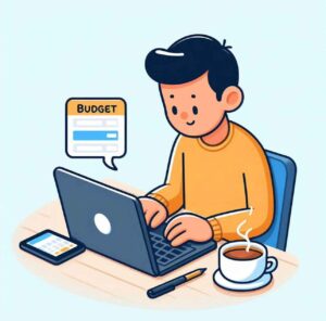 A person creating a budget on their laptop, balancing finances in a calm, organized setting.