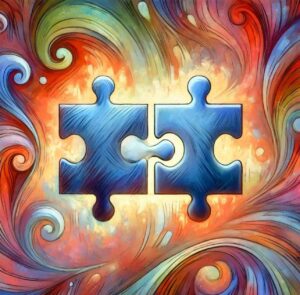 Two puzzle pieces fitting together against a vibrant, colorful background.