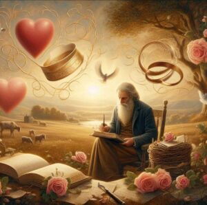 Leo Tolstoy surrounded by symbols of love and wisdom in a serene countryside.