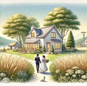 Couple walking near a serene countryside home surrounded by nature.