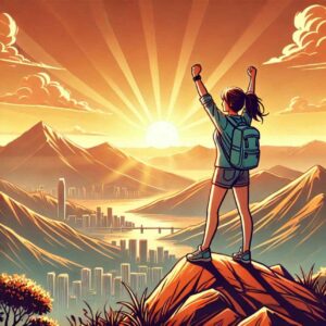 A confident woman celebrating at a mountain peak during sunrise.