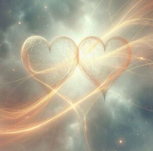 Two hearts connected by golden threads in a dreamy starry background.