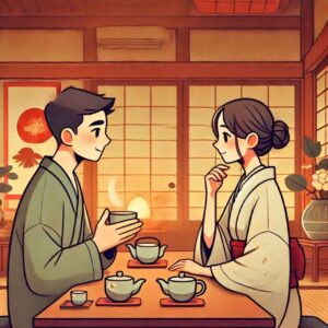 A couple having a meaningful conversation in a cozy Japanese tea shop, symbolizing the difference between dating and courtship.