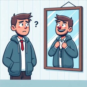 Person experiencing impostor syndrome, staring at a mirror that reflects confidence.