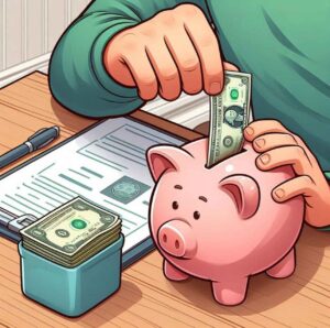 A person saving a portion of their paycheck in a piggy bank before spending, symbolizing financial discipline.