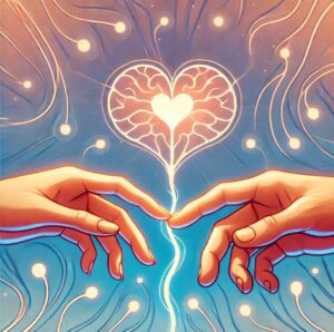 Hands holding with a glowing heart, representing the neurochemical connection of love.