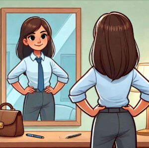 A confident person standing tall in front of the mirror before going to work hands on hips, with a slight smile and strong posture.