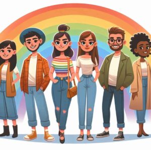 A diverse group of people confidently expressing their individuality under a rainbow light.