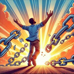 A person breaking free from chains at sunrise, symbolizing liberation from others’ opinions.