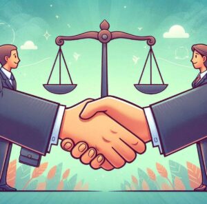 A handshake with a faint justice scale in the background symbolizing trust.