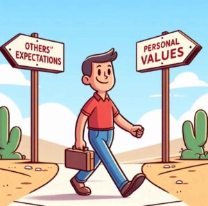 A person choosing a path labeled "Personal Values" over "Others' Expectations."