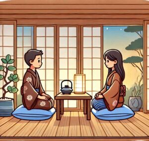 Two people having a calm and empathetic conversation in a peaceful room.