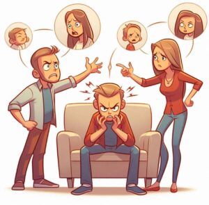 A family argument symbolizing toxic behaviors like manipulation and control.