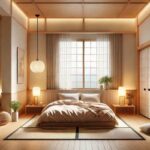 A minimalist bedroom with a neatly made bed and a single plant on the nightstand, showcasing simplicity.
