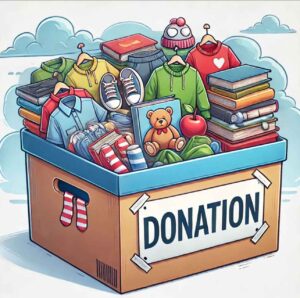 A donation box filled with clothes, books, and toys, emphasizing the decluttering principle.