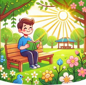 A person smiling while journaling in a sunny park, surrounded by colorful flowers and trees.