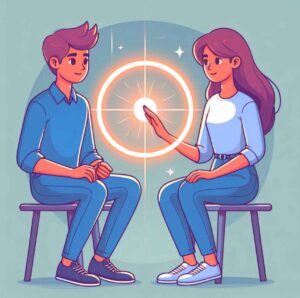 A person creating a glowing protective circle around themselves while talking to someone.