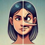 Illustration of a split human face symbolizing truth and deception with contrasting features.