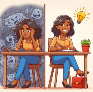 A split image showing someone overcoming negative thoughts by focusing on positive affirmations.