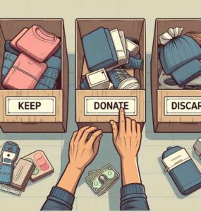 Hands sorting items into labeled boxes: Keep, Donate, and Discard, illustrating the golden rule of organizing.