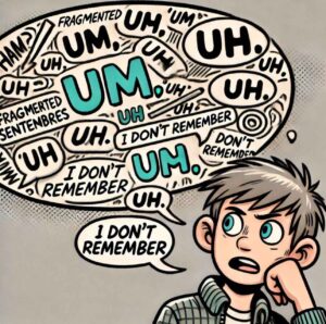 Speech bubble with fragmented sentences and filler words, depicting verbal cues of lying.