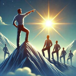 A leader standing on a mountain peak, pointing towards the horizon, symbolizing vision.