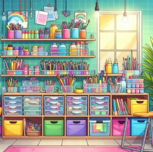 A vibrant craft room with open shelving and colorful, neatly organized art supplies, reflecting the visual organizer style.