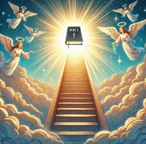 Staircase ascending into light with a glowing Bible at the top, surrounded by clouds.