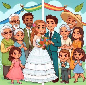 Multicultural couple with extended families celebrating together.