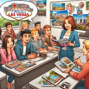 English teacher incorporating Las Vegas culture into a lesson for adult learners.