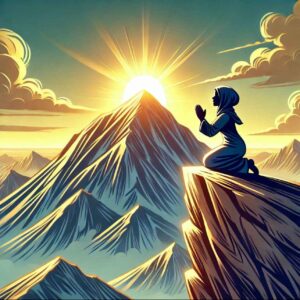 Silhouette of a person praying at sunrise on a mountain peak, symbolizing hope and empowerment.