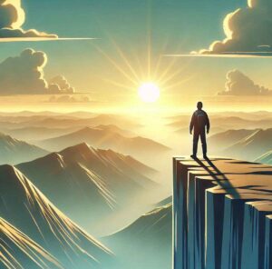 A person standing at the edge of a cliff, symbolizing motivation and embracing new possibilities.