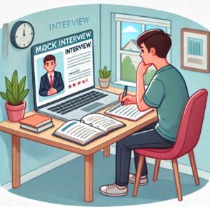 A person practicing for a behavioral interview using a mock interview setup at home.