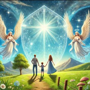 Family protected by a glowing shield of light with angels guarding them in a meadow.