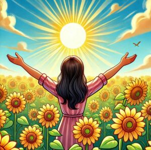 Person standing in a sunflower field with arms raised in gratitude toward the sun.