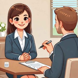 A job candidate confidently answering behavioral interview questions in a modern office.