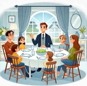 A family dinner where one member communicates assertively with a calm expression, while others listen attentively.