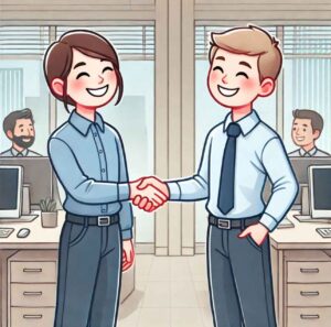 Two professionals resolving conflict with a handshake in the workplace.