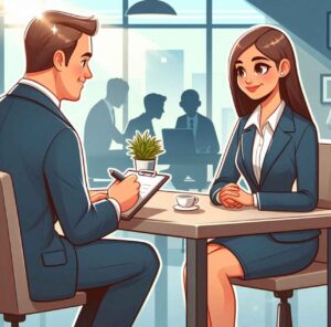 Job interview scene with interviewer and interviewee in a modern office setting.