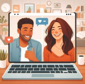 A happy, diverse couple enjoying an online dating conversation on a smartphone, smiling in a cozy, modern environment.