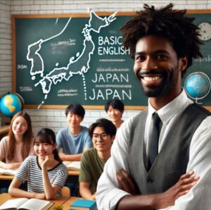 A non-native English teacher confidently teaching English to a diverse group of Japanese students in a classroom with a map of Japan on the blackboard.